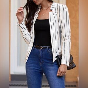 Women’s White Pinstripe Open Blazer Jacket
